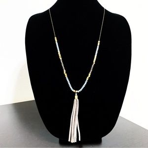 Baublebar Long  Gold Blue Bead  with gray beige leather Tassel necklace